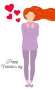 Beautiful fulllength girl without face showing heart with hands Valentine\'s day card on white back